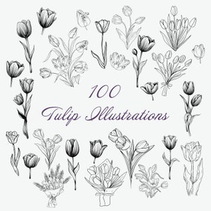 100 チューリップのイラスト SVG、植物 SVG バンドル、花のクリップアート、細い線の花柄 SVG 手描き植物 SVG 手描きベクター チューリップ