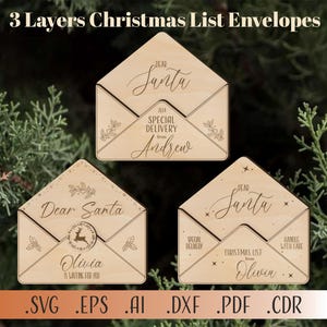 Paquete de adornos SVG con forma de sobre con carta a Papá Noel, adornos SVG con texto "Querido Papá Noel", Svg de Navidad familiar, adornos navideños con forma de sobre con mensaje "Feliz Navidad"