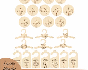 May include: A set of 18 wooden baby milestone circles and 6 wooden hangers with animal illustrations. The circles feature the phrases "hello world", "1 month", "2 months", "3 months", "4 months", "5 months", "6 months", "7 months", "8 months", "9 months", "10 months", "11 months", and "1 year". The hangers feature a bear, elephant, giraffe, tiger, raccoon, and bunny. The circles and hangers are laser cut and ready to be personalized.