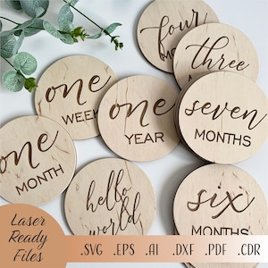Bundle mensuel bébé jalons SVG, jalon bébé SVG, Bonjour tout le monde SVG, fichiers de téléchargement numérique Cricut Glowforge découpés au laser, cartes jalon