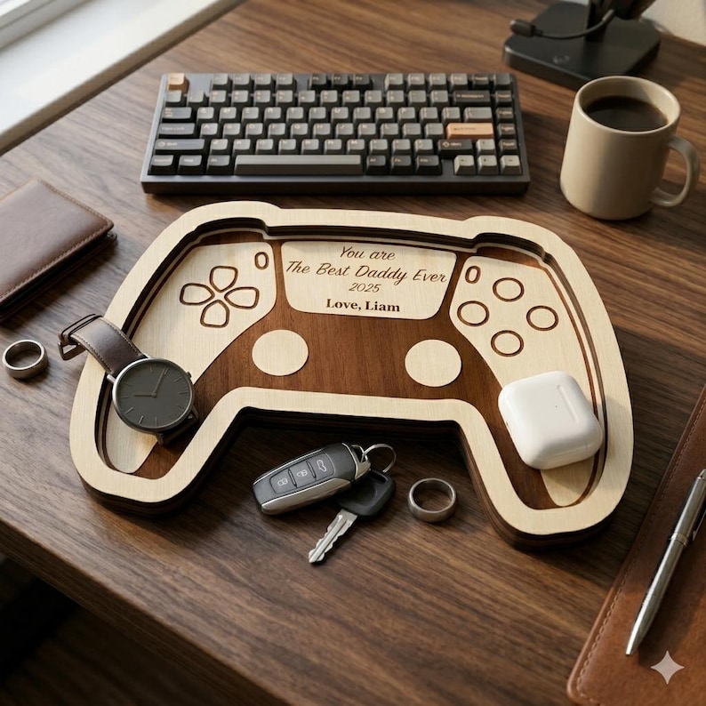 K&ouml;nnte beinhalten: Ein Holztablett in Form eines Gamecontrollers mit dem Text "You are The Best Daddy Ever 2025 Love, Liam". Das Tablett enth&auml;lt eine Uhr, Schl&uuml;ssel, Ringe und wei&szlig;e Ohrh&ouml;rer. Im Hintergrund eine Tastatur.