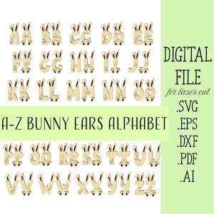 Alphabet de lapin de A à Z, oreilles de lapin, lettres pour panier de Pâques, étiquettes SVG, SVG de Pâques, initiales de lapin de Pâques fichier découpé au Laser Glowforge, téléchargement numérique