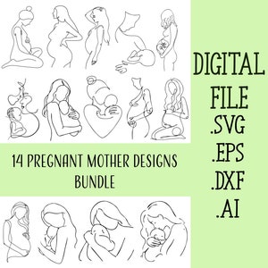 Lot de 14 modèles SVG de mère de femme enceinte, fichiers de téléchargement numérique Cricut Glowforge découpé au Laser, plaque à gâteau Lady Line Art