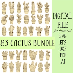 Pacote 83 Cactus SVG, arquivos de download digital Glowforge Cricut cortados a laser, buquê de suculentas SVG de flores de cacto vetorial para a mãe, presente de dia das mães