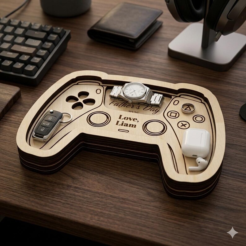 K&ouml;nnte beinhalten: Ein Holztablett in Form eines Gamecontrollers, das eine Uhr, Autoschl&uuml;ssel, Ringe und kabellose Ohrh&ouml;rer enth&auml;lt. Das Tablett ist mit "Father's Day 2025" und "Love, Liam" graviert.