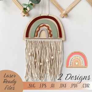 SVG arco iris vivero signo macrame niñas vivero arco redondo, svg Conjunto de soportes de arco de pelo ranbow, SVG Laser Cut File Rainbow Macrame DIY Sign