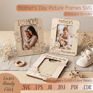Marco de fotos para imán de nevera del Día de la Madre en formato SVG, archivo de regalo para mamá cortado con láser, imán de fotos de bebé en formato SVG, paquete de marcos Glowforge Cricut