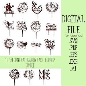 15 ミスターミセス ウェディング ケーキ トッパー SVG バンドル レーザー カット ファイル Glowforge ファイル Cricut シルエット レーザー カッティング デジタル ダウンロード mr and mrs svg