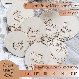 Globos de madera con hitos para bebés SVG, hitos del bebé SVG, Hola mundo SVG, Archivos digitales de descarga de Cricut Glowforge cortados con láser, Tarjetas de hitos