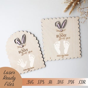 Einige Häschen liebt dich SVG, Erstes Ostern Fußabdruck-Zeichen Glowforge Laserschnittdatei, SVG Erstes Ostern Fußabdruck-Andenken, Oster-Svg
