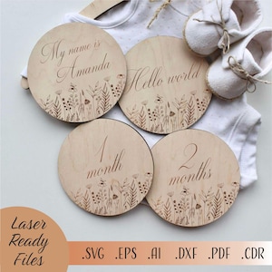 Bundle svg d'étape mensuelle pour bébé, cartes d'étape importante pour bébé fille SVG, SVG nouveau-né jalons, fichiers de téléchargement numérique Cricut Glowforge découpés au Laser