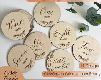 Baby Milestone Cards SVG Bundle – Botanical Monthly Milestone Discs, Wooden Engraving Laser Cut Files for Cricut Glowforge Nursery Decor