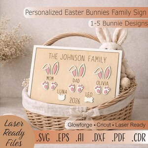 Personalized Easter Bunnies Family Sign SVG, Custom Family Name Sign Glowforge, 3D Bunny Decor Laser Cut File, Easter 2026 Gift, 1-5 Bunnies