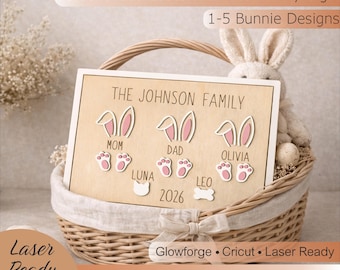 Personalized Easter Bunnies Family Sign SVG, Custom Family Name Sign Glowforge, 3D Bunny Decor Laser Cut File, Easter 2026 Gift, 1-5 Bunnies
