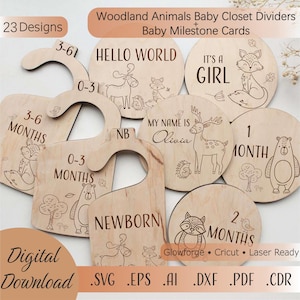 May include: Wooden baby closet dividers and milestone cards featuring woodland animal designs. The dividers are shaped like hangers and marked with months. Milestone cards include phrases like "Hello World" and "It's a Girl". The set includes 23 designs.