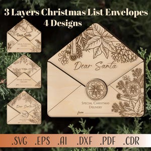 Paquete de adornos en forma de sobre con carta a Papá Noel, adornos cortados con láser para "Querido Papá Noel", diseños Glowforge para el correo de Papá Noel, lista de deseos navideños