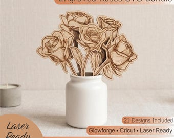 Gravierte Rosen SVG Bundle für Laser Cut, moderne Blumen Glowforge-Dateien, Cricut Blumen Clipart Geschenk