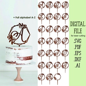Może przedstawiać: Zestaw 26 laserowo wyciętych topperów do tortu w kształcie geometrycznego sześciokąta z kwiatowymi akcentami. Litery są brązowe, a kwiatowe akcenty są w jaśniejszym odcieniu brązu. Litery są ułożone alfabetycznie. Obraz zawiera również topper do tortu z napisem "Mr & Mrs" w podobnym stylu.
