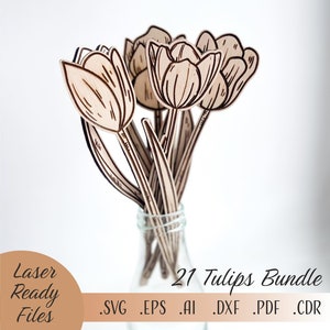 21 tulpen SVG-bundel, lasergesneden Glowforge Cricut digitale downloadbestanden, vector tulp bloemen boeket voor moeder Wood Florals Moederdag cadeau