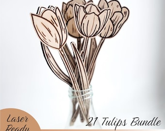 21 tulpen SVG-bundel, lasergesneden Glowforge Cricut digitale downloadbestanden, vector tulp bloemen boeket voor moeder Wood Florals Moederdag cadeau