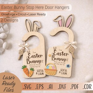 May include: Two wooden Easter Bunny door hangers. Each has bunny ears, a bow, and a decorative key. One features carrots, the other a basket of eggs. Text reads "Dear Easter Bunny, please use this key and stop here for Sofia & Liam."