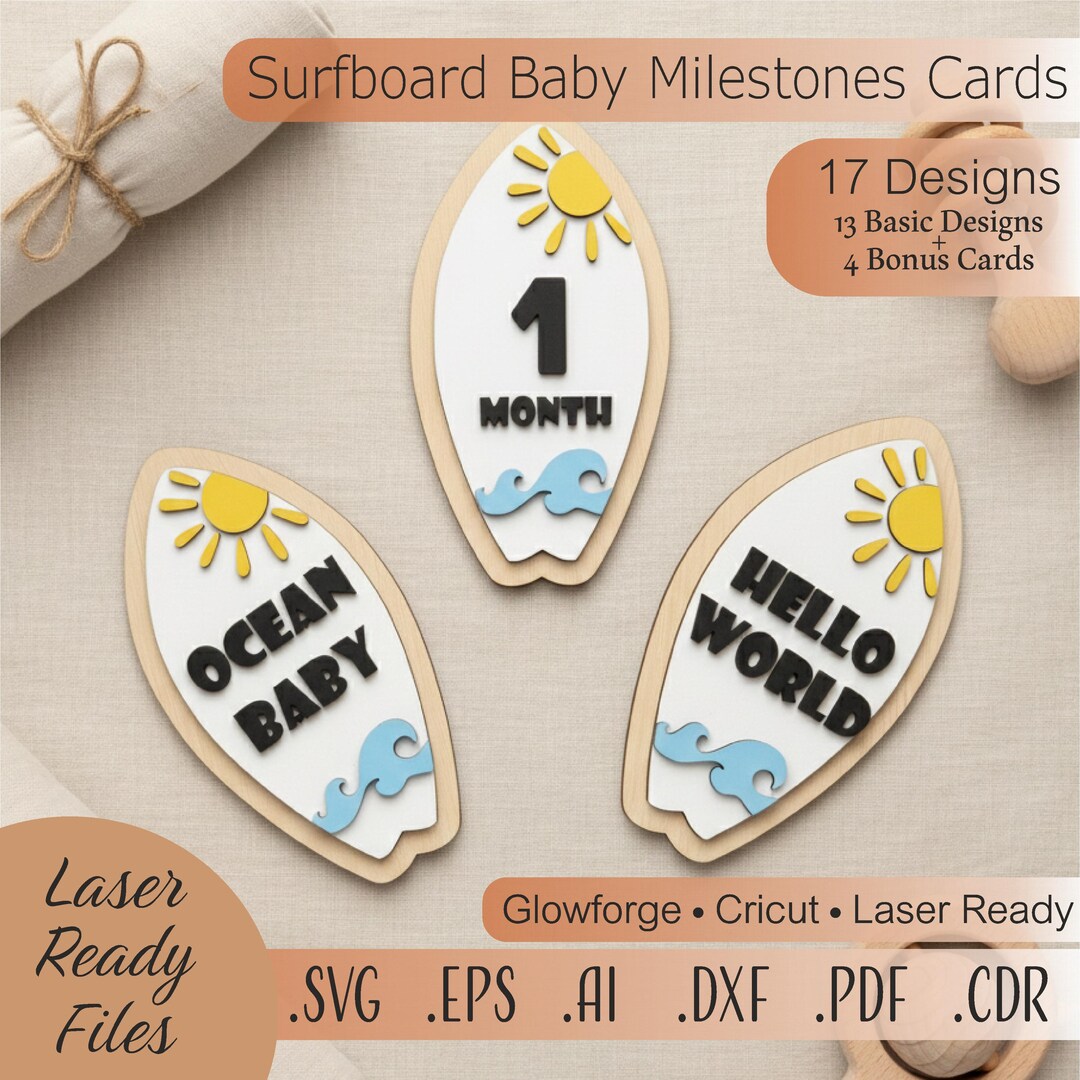 Surfboard Baby Milestone Cards SVG | 3D Laser Cut Files | Beach Baby ...