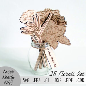 Paquete de 25 flores SVG, archivos de descarga digital de Cricut Glowforge cortados con láser, ramo de flores del mes de nacimiento para mamá, flores de madera, regalo del día de la madre
