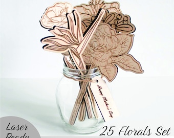 25 Flowers SVG Bundle, Laser Cut Glowforge Cricut Digital download Files, Birth Month Flower Bouquet for Mom Wood Florals Mothers day gift
