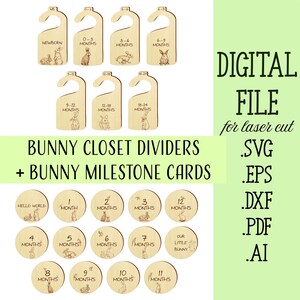 Diviseurs de penderie lapin SVG, cartes jalon lapin Svg, cintres de placard, fichiers de téléchargement numérique Cricut Glowforge découpés au Laser, cartes jalon