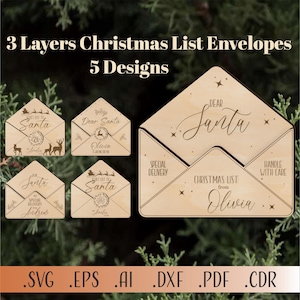 Paquete de adornos SVG con forma de sobre con carta a Papá Noel, adornos SVG con texto "Querido Papá Noel", Svg de Navidad familiar, adornos navideños con forma de sobre con mensaje "Feliz Navidad"