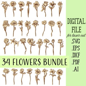 May include: A digital file bundle of 34 hand-drawn flower illustrations in a brown outline. The flowers are arranged in four rows of eight flowers each. The text "DIGITAL FILE for laser cut .SVG .EPS .DXF .PDF .AI 34 FLOWERS BUNDLE" is on the right side of the image.