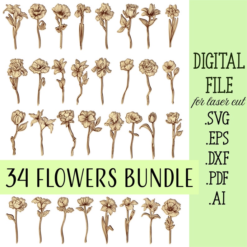 May include: A digital file bundle of 34 hand-drawn flower illustrations in a brown outline. The flowers are arranged in four rows of eight flowers each. The text "DIGITAL FILE for laser cut .SVG .EPS .DXF .PDF .AI 34 FLOWERS BUNDLE" is on the right side of the image.
