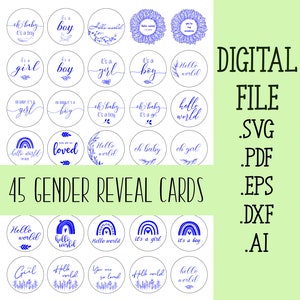 45 Paquete de tarjetas de revelación de género SVG, Hola mundo SVG Es una niña niño SVG Corte láser Glowforge Cricut Descarga digital Archivos, Tarjetas de hito