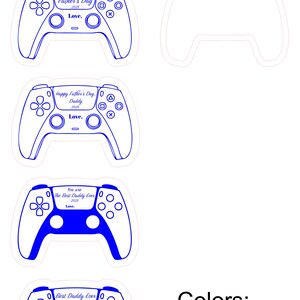 K&ouml;nnte beinhalten: Wei&szlig;e und blaue Controller-Designs mit Text zum Vatertag. Die Designs enthalten S&auml;tze wie "Happy Father's Day", "Daddy" und "Best Daddy Ever". Das Bild zeigt auch die Farbcodierung f&uuml;r das Schneiden und Gravieren.
