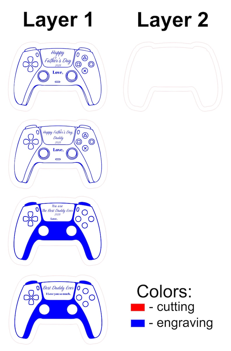 K&ouml;nnte beinhalten: Wei&szlig;e und blaue Controller-Designs mit Text zum Vatertag. Die Designs enthalten S&auml;tze wie "Happy Father's Day", "Daddy" und "Best Daddy Ever". Das Bild zeigt auch die Farbcodierung f&uuml;r das Schneiden und Gravieren.