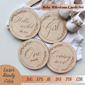 Cartes jalons bébé SVG, floral bébé jalon SVG, Bonjour tout le monde SVG, fichiers en téléchargement numérique Glowforge découpé au laser, cartes jalon botanique