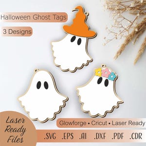 Halloween Ghost Tag SVG Bundle, 3 Spooky Cute Designs, Laser Ready for Cricut and Glowforge, Party Decor & Treat Bag Tags