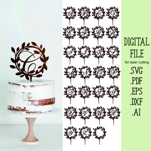 モノグラム ワンレター ケーキ トッパー SVG、ウェディング モノグラム ケーキ トッパー SVG レーザー カット ファイル、サークル リース フレーム デジタル ダウンロード Glowforge ファイル