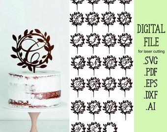 Monogramm Ein Buchstabe Cake Topper SVG, Hochzeit Monogramm Kuchen Topper SVG Laser Cut Dateien, Kreis Kranz Rahmen Digitaler Download Glowforge-Datei