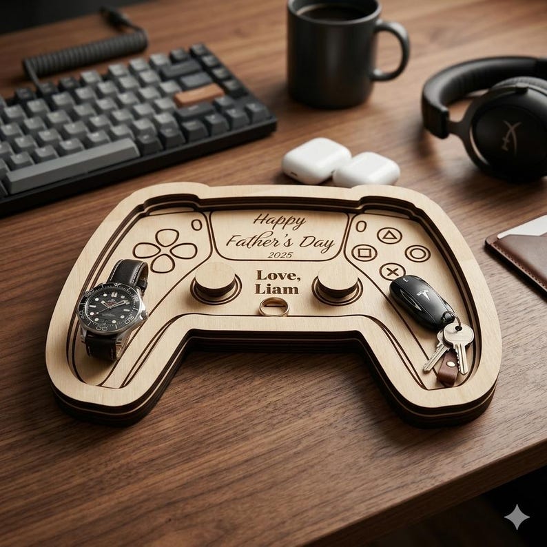 K&ouml;nnte beinhalten: Ein Holztablett in Form eines Gamecontrollers, graviert mit "Happy Father's Day 2025" und "Love, Liam". Es enth&auml;lt eine Uhr, Schl&uuml;ssel und andere kleine Gegenst&auml;nde. Eine Tastatur, Kopfh&ouml;rer und eine Tasse befinden sich im Hintergrund.