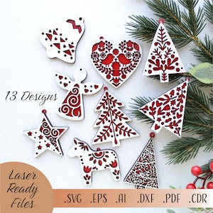Pacchetto SVG di ornamenti natalizi scandinavi, download istantaneo di ornamenti per alberi di Natale SVG, file di download digitale di Glowforge Cricut tagliati al laser