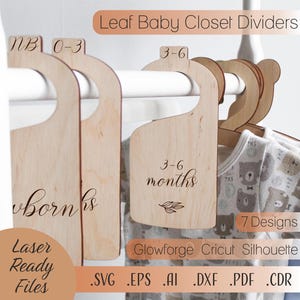May include: Wooden baby closet dividers with laser-etched text. The dividers are labeled "NB", "0-3", and "3-6 months". The image also shows a baby onesie with a bear pattern. The text "Leaf Baby Closet Dividers" is at the top.