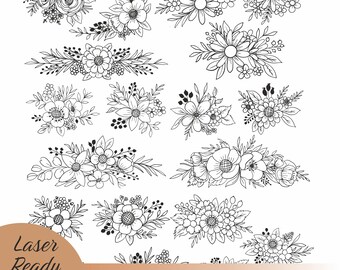 May include: A set of 12 black and white floral illustrations, perfect for crafting projects. The illustrations feature various floral arrangements, including bouquets, wreaths, and borders.  The illustrations are available in SVG, EPS, AI, DXF, PDF, and CDR formats.