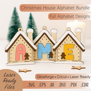Christmas House Initial Ornament SVG – Alphabet Letter Bundle xTool Glowforge Laser Cut Personalized Xmas