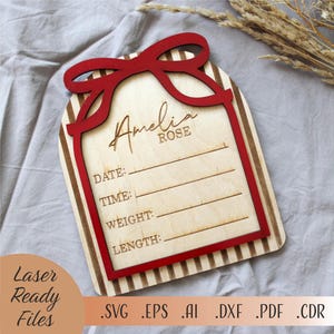 Nom de naissance personnalisé découpé au laser, faire-part de bébé SVG, fichier de découpe laser Glowforge gravure Design bébé enfant en bas âge souvenir