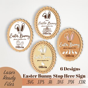 SVG Easter Bunny Please Stop Here Cartello pomello porta, Easter Bunny Door Hanger File tagliato al laser, Download digitale Glowforge SVG Easter Door Hanger