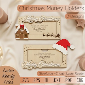 Puede incluir: Dos portamonedas navideños de madera con diseños cortados con láser. Uno presenta una casa de jengibre, el otro un gorro de Papá Noel. Ambos tienen el texto "Merry Christmas" y espacio para un nombre. La imagen también incluye el texto "Laser Ready Files."
