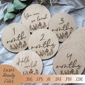 Jalons de bébé SVG fleurs sauvages, fleurs sauvages SVG, SVG floral, fichiers de téléchargement numérique Cricut Glowforge découpés au laser, cartes jalon