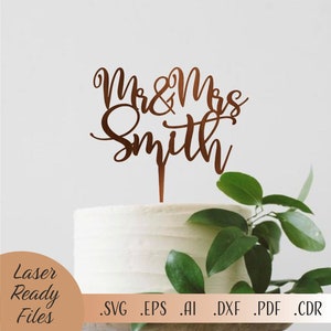 Gâteau de mariage personnalisé SVG Mr Mme cake topper découpé au laser pour gâteau d'anniversaire Glowforge Cricut fichier à téléchargement numérique