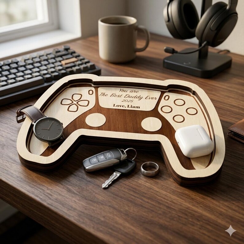 K&ouml;nnte beinhalten: Ein Holztablett in Form eines Videospiel-Controllers. Das Tablett hat eine dunkelbraune Mitte mit einem helleren Holzrand. Der Text "You are The Best Daddy Ever 2025 Love, Liam" ist eingraviert. Eine Uhr, Schl&uuml;ssel, ein Ring und Ohrh&ouml;rer liegen auf dem Tablett.